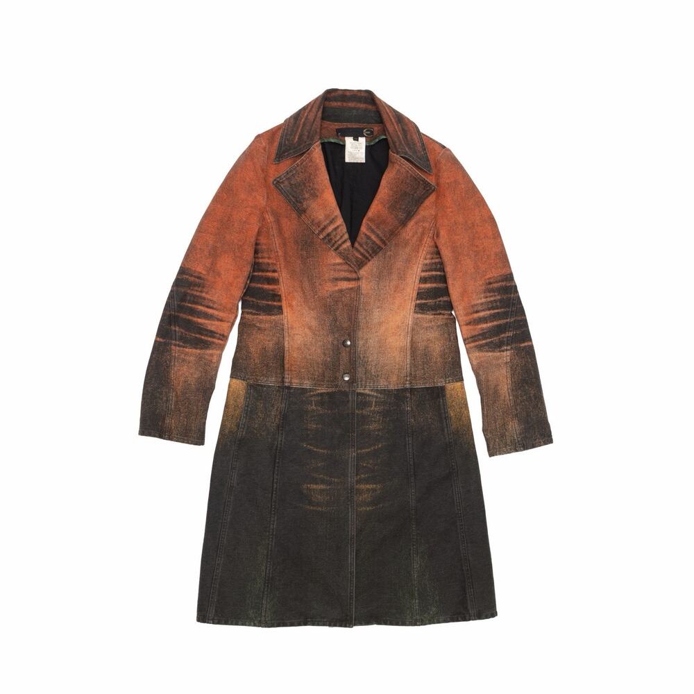 JUST CAVALLI AW04 Sunset Y2K Distressed Denim Long Coat Orange Black IT 42 - Picture 1 of 10
